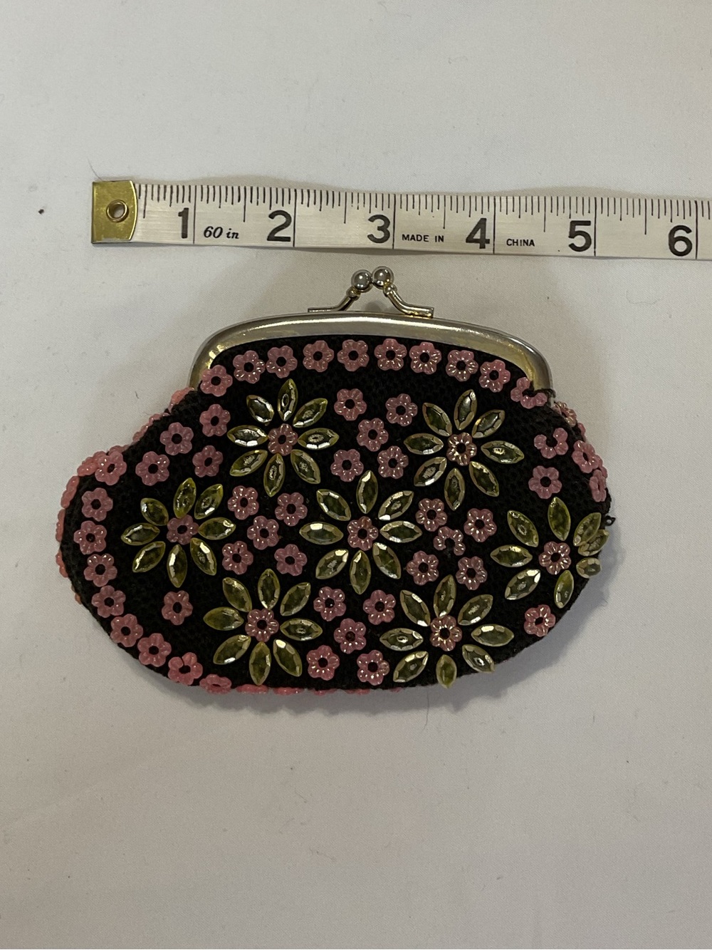 Beaded Kiss-Lock Coin Purse - Brown & Pink